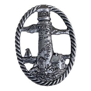 😍2/$20 Vintage Signed JJ lighthouse scene oval shape pewter brooch pin